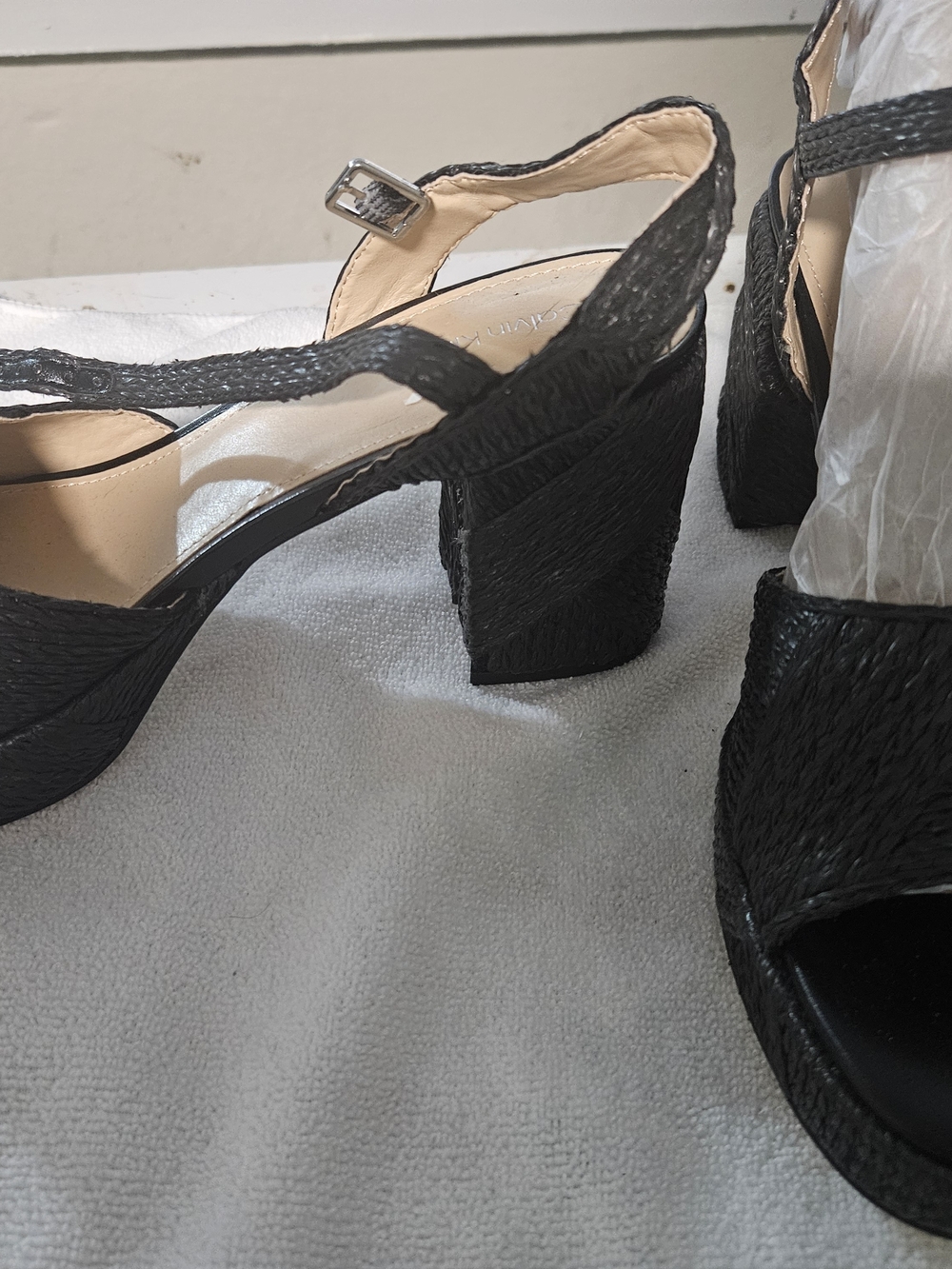 Calvin Klein Black Textured Platform Block Heel Sandals